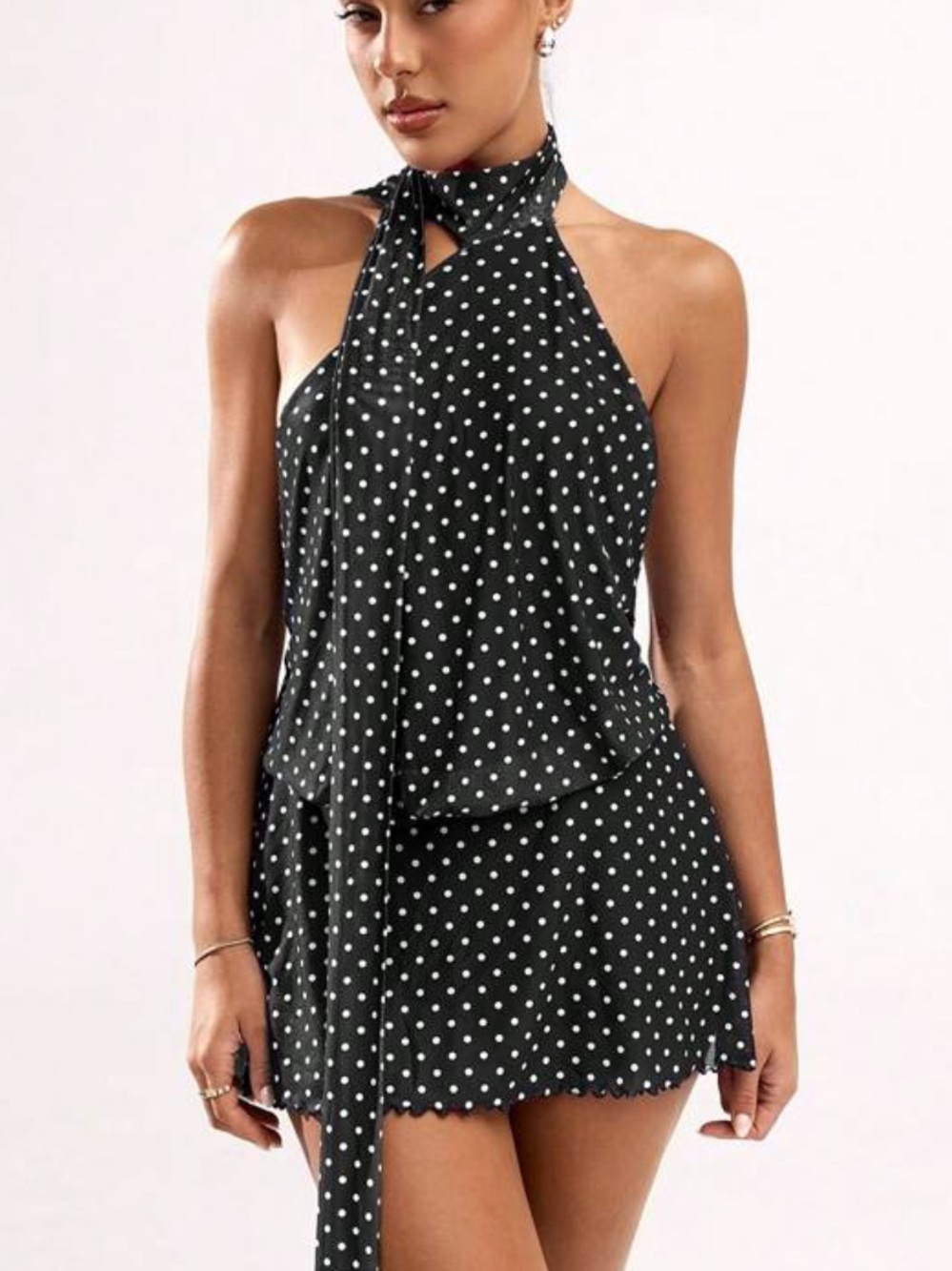 Edikted Black & White Polka Dot Halter Mini Dress